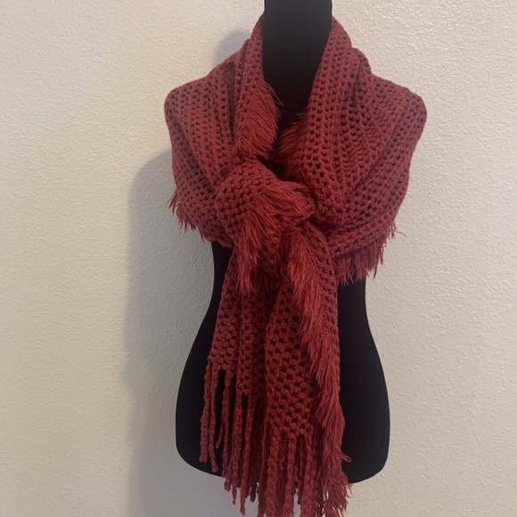 Vintage Knit Cotton Cranberry Red Scarf With Fringe - Picture 1 of 9